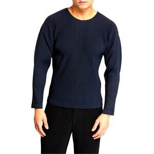 Homme Plissé Issey Miyake Men's Blue Pleated Long-Sleeve T-Shirt Size 2| Medium
